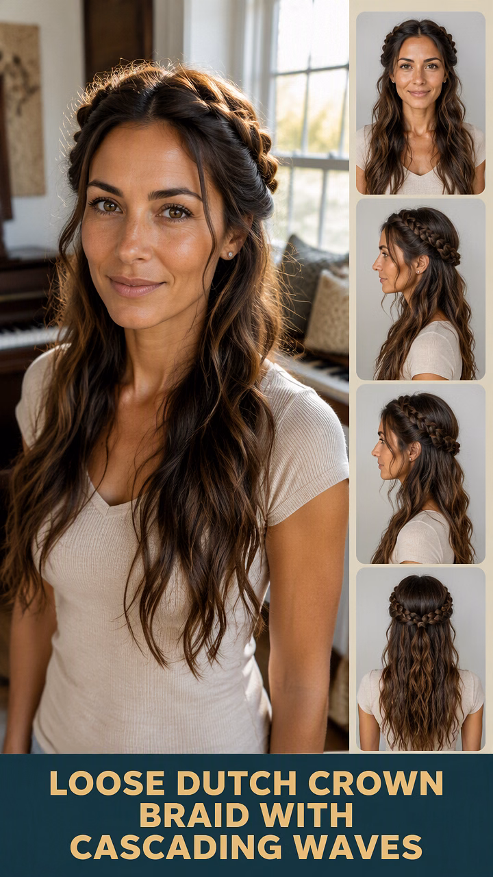 Loose Dutch Crown Braid With Cascading Waves
