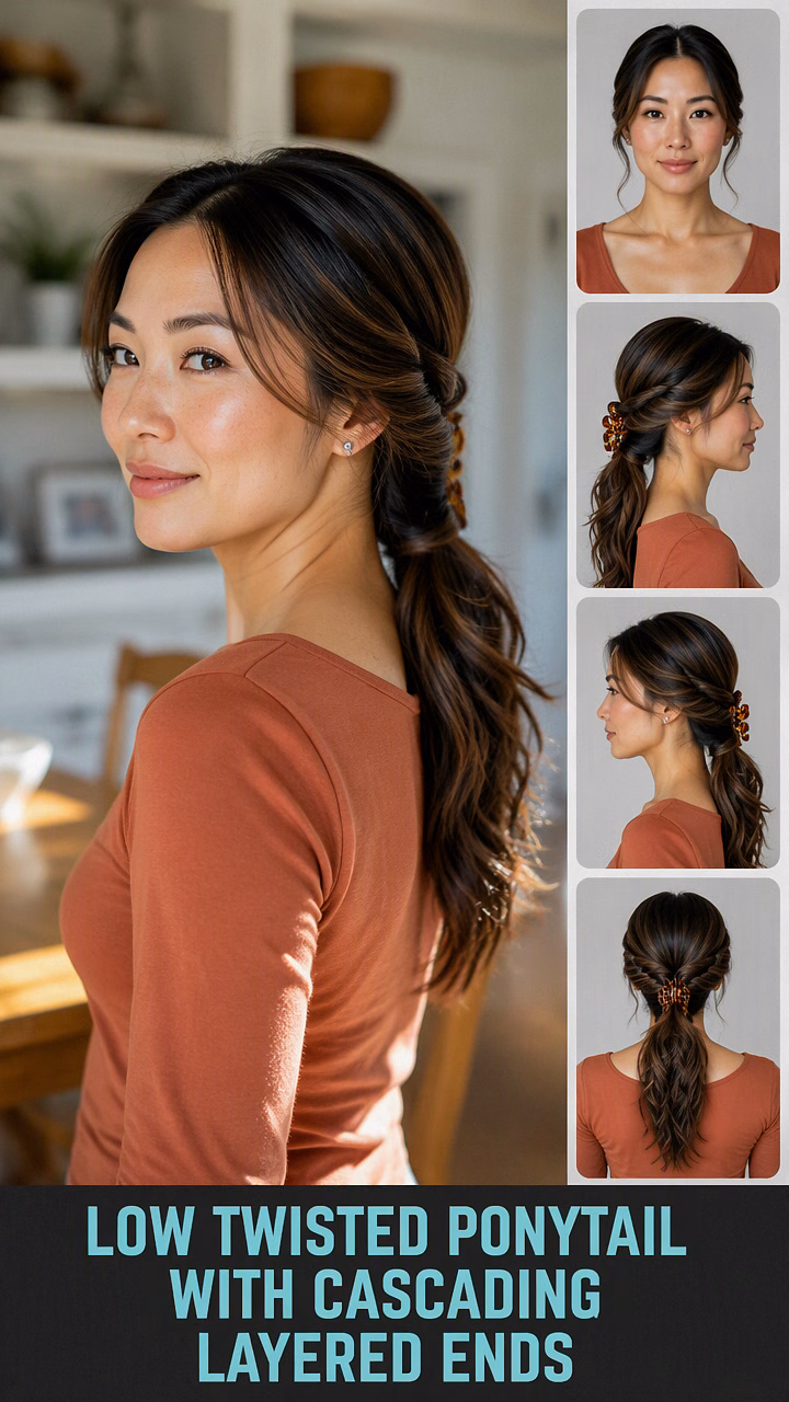 Low Twisted Ponytail With Cascading Layered Ends