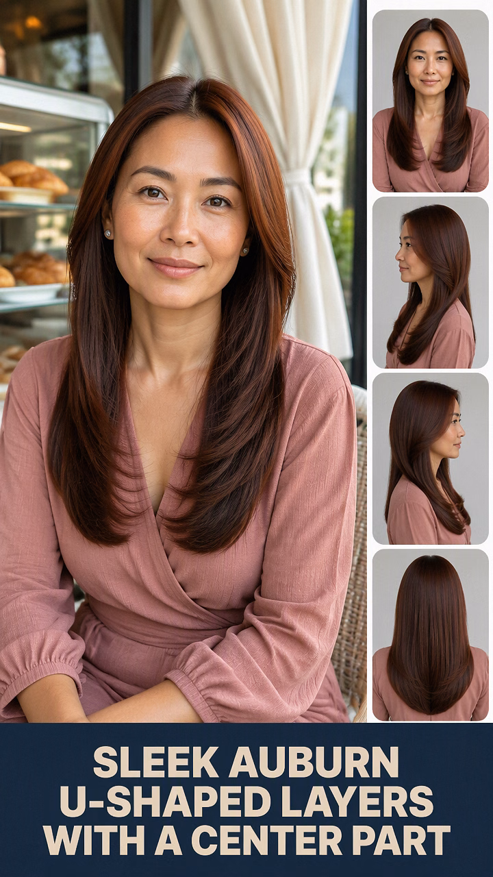 Sleek Auburn U-Shaped Layers With A Center Part