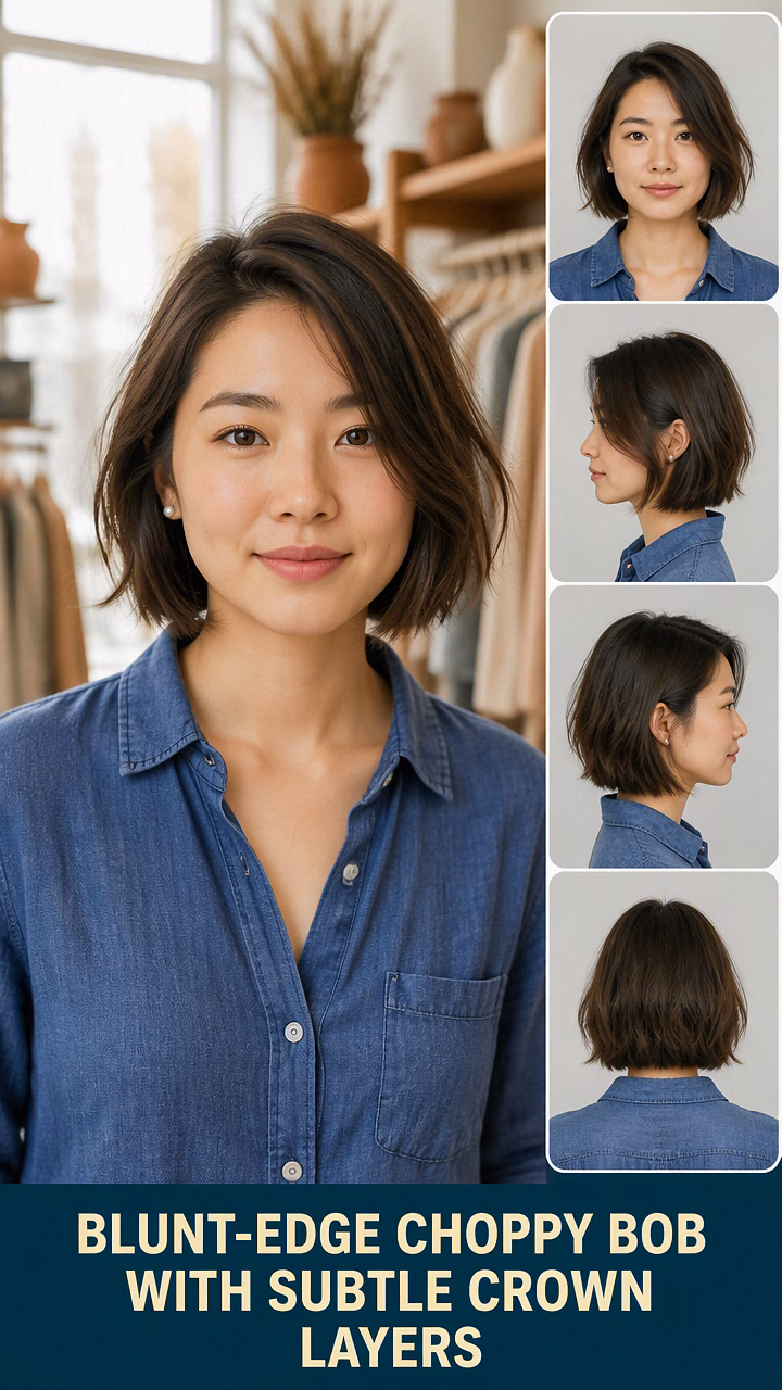 Blunt-Edge Choppy Bob With Subtle Crown Layers