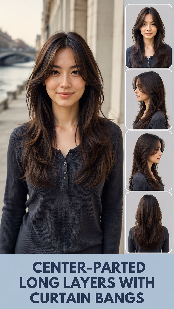 Center-Parted Long Layers With Curtain Bangs