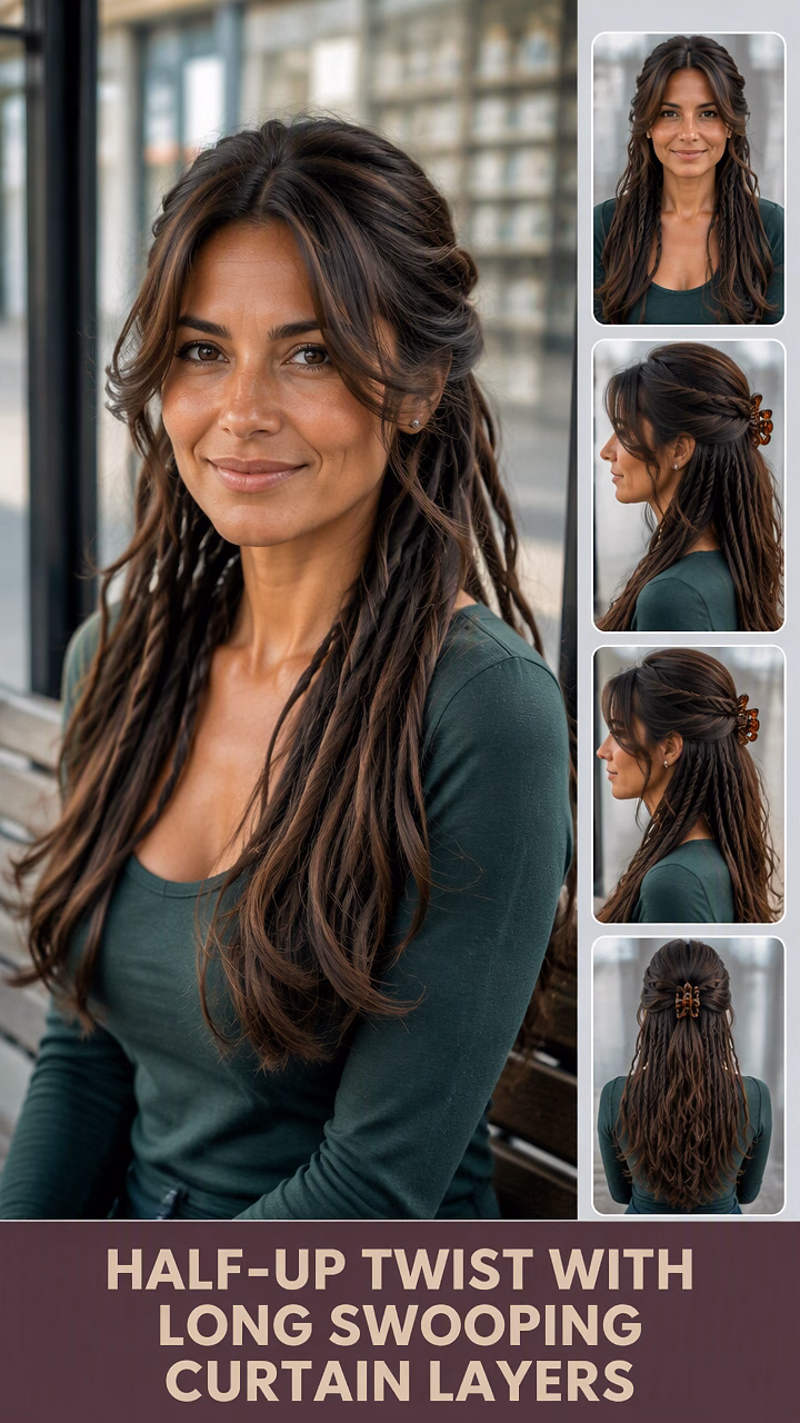 Half-Up Twist With Long Swooping Curtain Layers