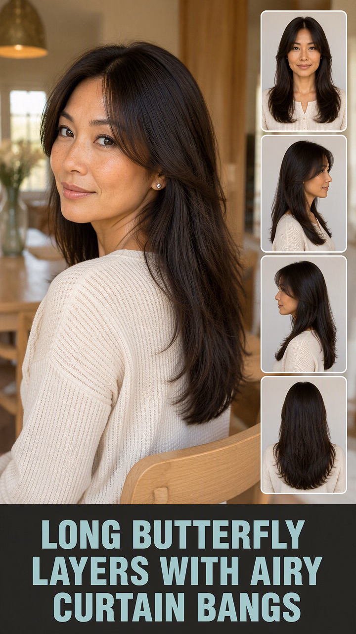 Long Butterfly Layers With Airy Curtain Bangs