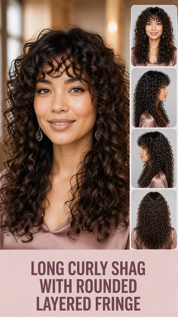 Long Curly Shag With Rounded Layered Fringe