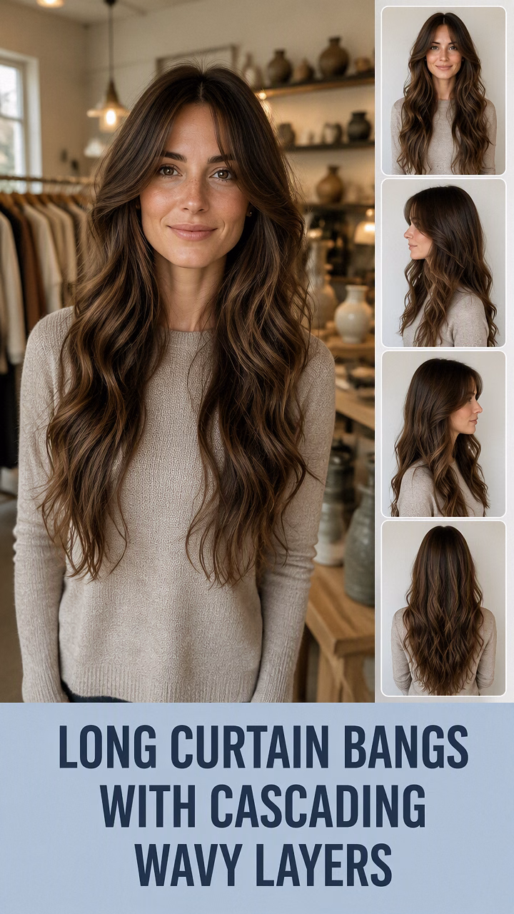 Long Curtain Bangs With Cascading Wavy Layers