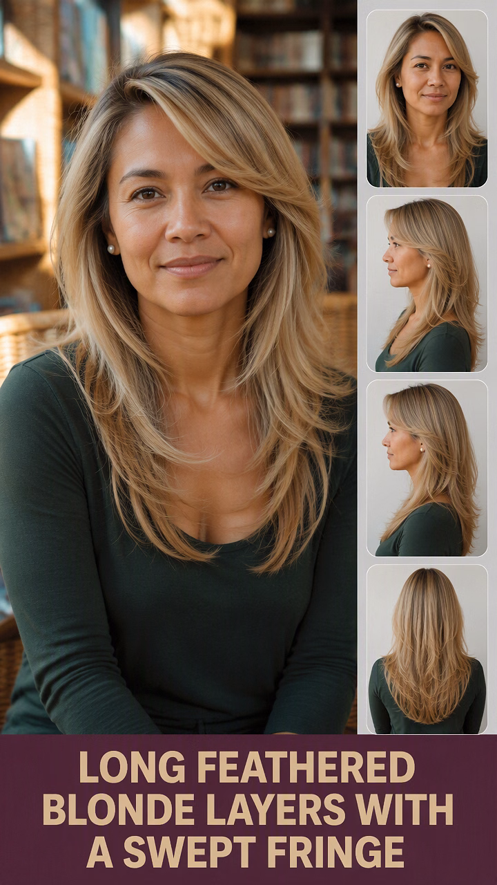Long Feathered Blonde Layers With A Swept Fringe