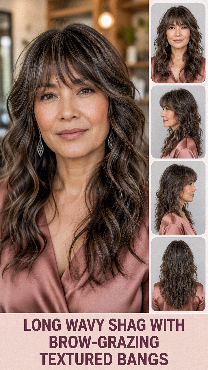 Long Wavy Shag With Brow-Grazing Textured Bangs