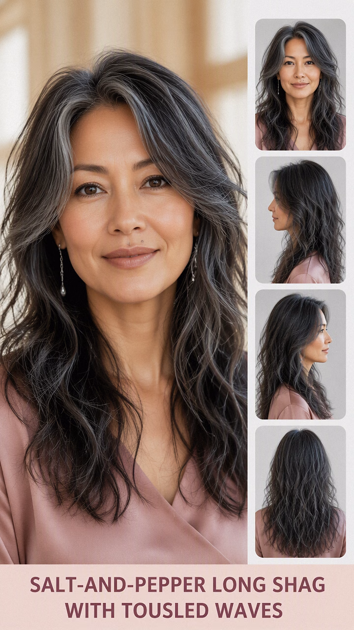 Salt-And-Pepper Long Shag With Tousled Waves