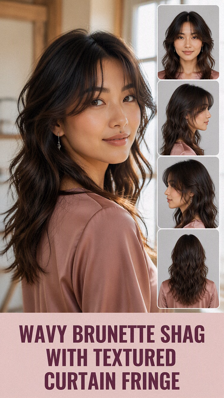 Wavy Brunette Shag With Textured Curtain Fringe