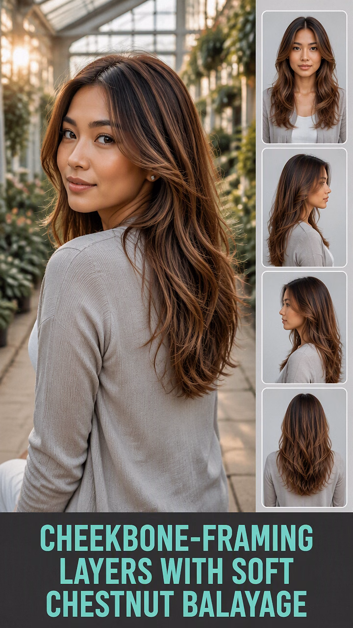 Cheekbone-Framing Layers With Soft Chestnut Balayage