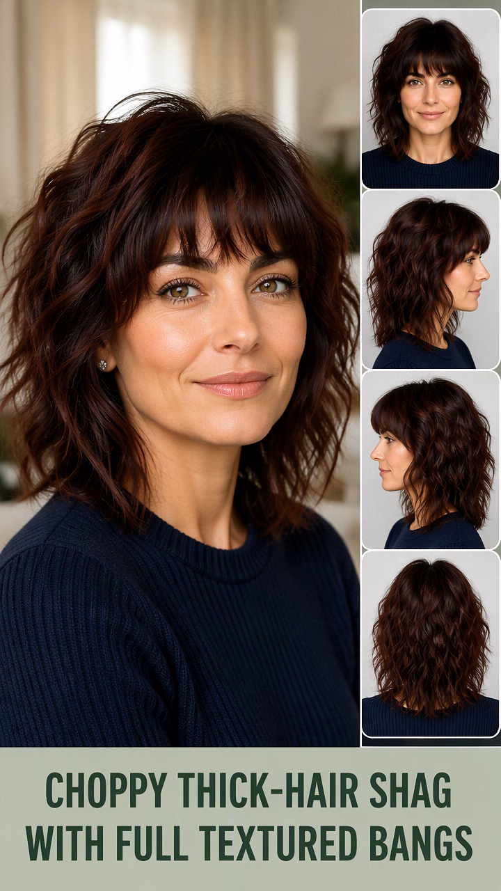 Choppy Thick-Hair Shag With Full Textured Bangs