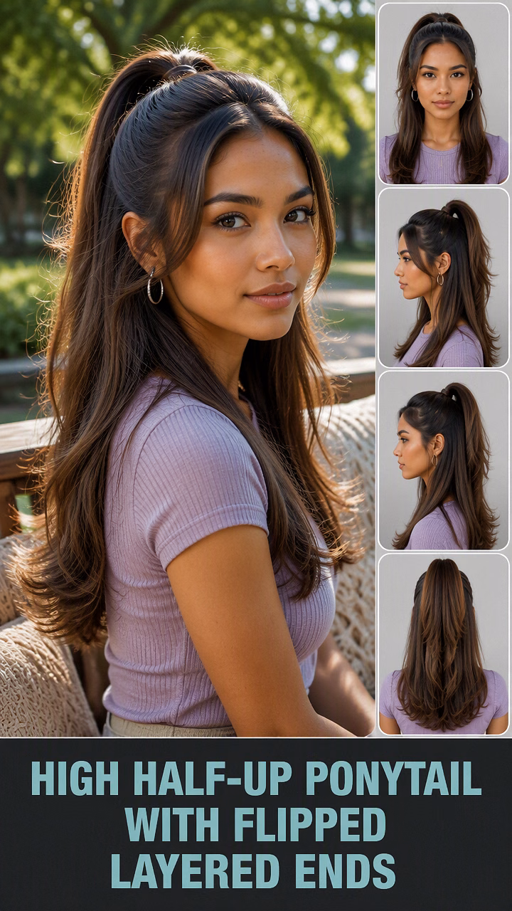 High Half-Up Ponytail With Flipped Layered Ends