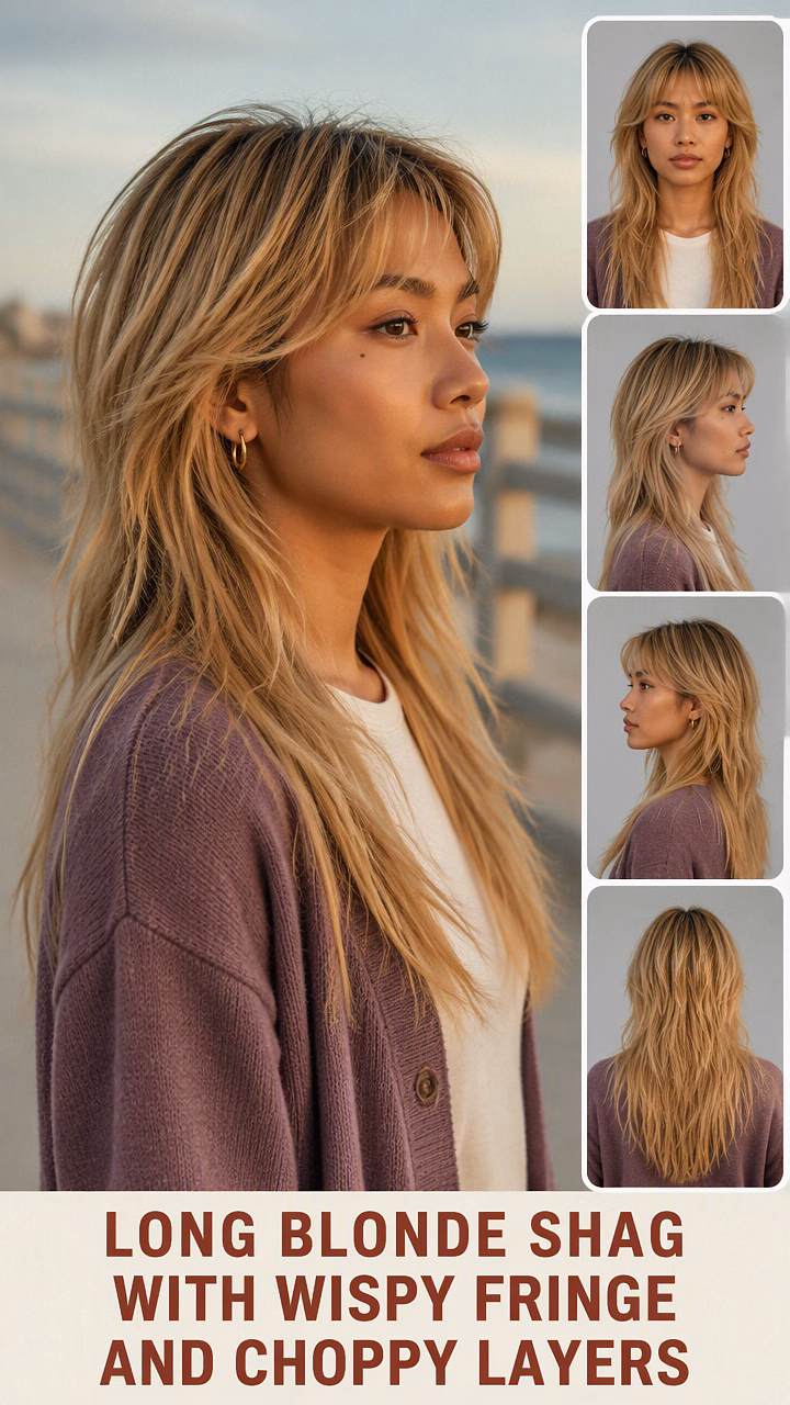 Long Blonde Shag With Wispy Fringe And Choppy Layers