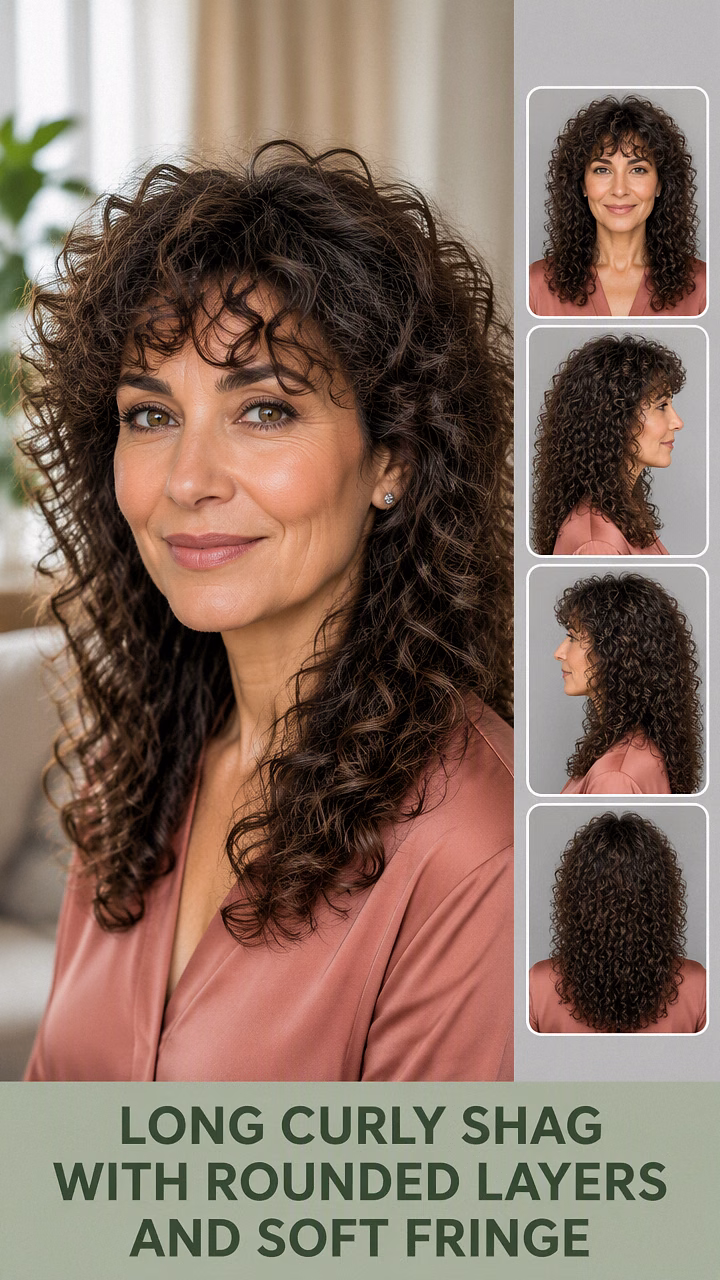 Long Curly Shag With Rounded Layers And Soft Fringe