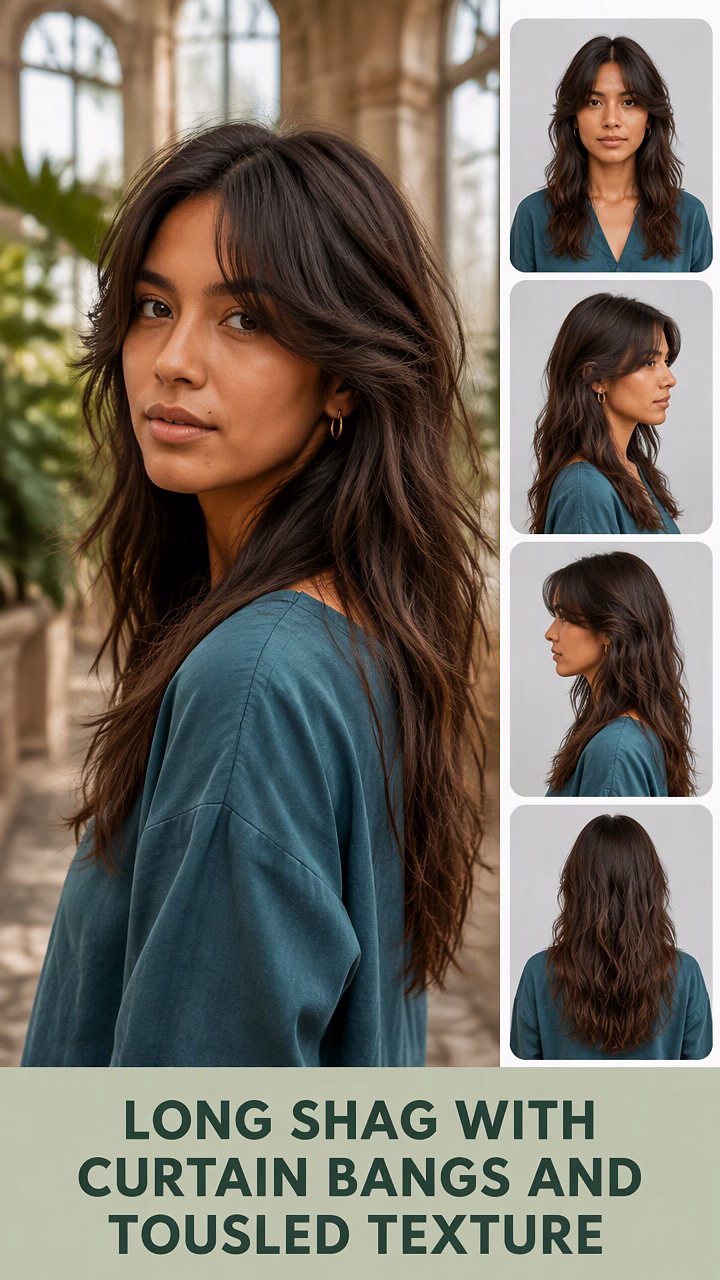 Long Shag With Curtain Bangs And Tousled Texture
