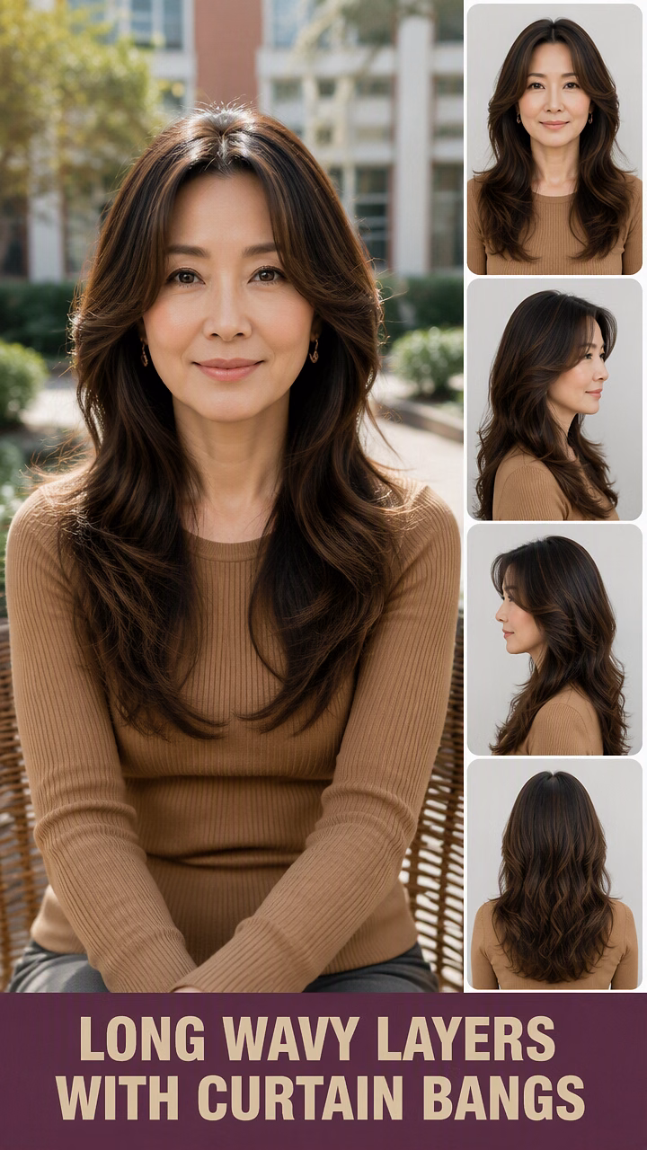 Long Wavy Layers With Curtain Bangs