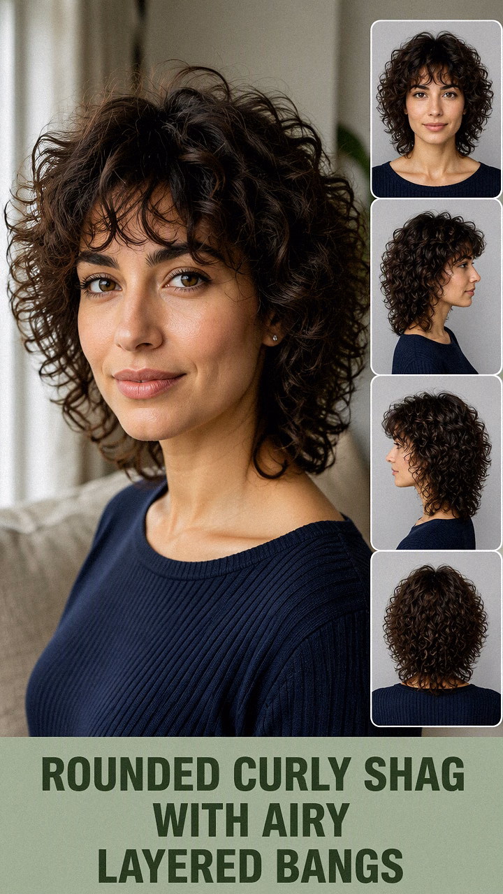 Rounded Curly Shag With Airy Layered Bangs