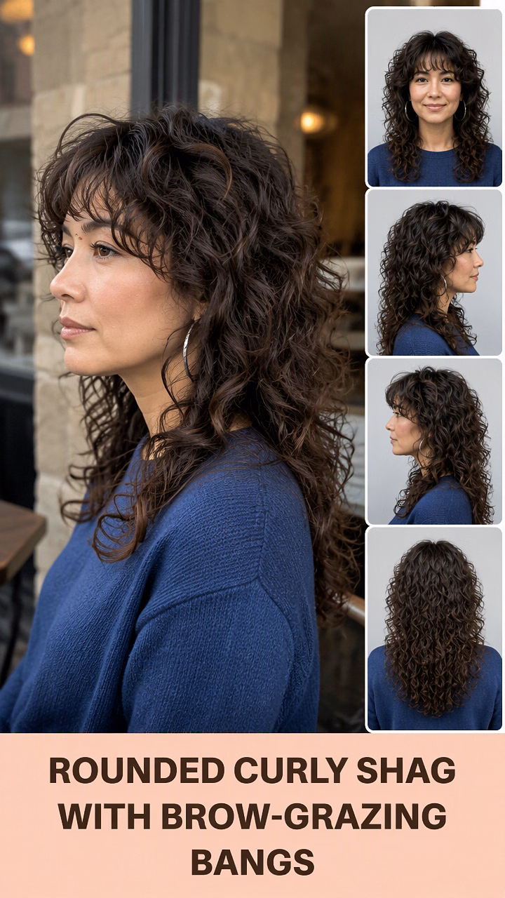 Rounded Curly Shag With Brow-Grazing Bangs