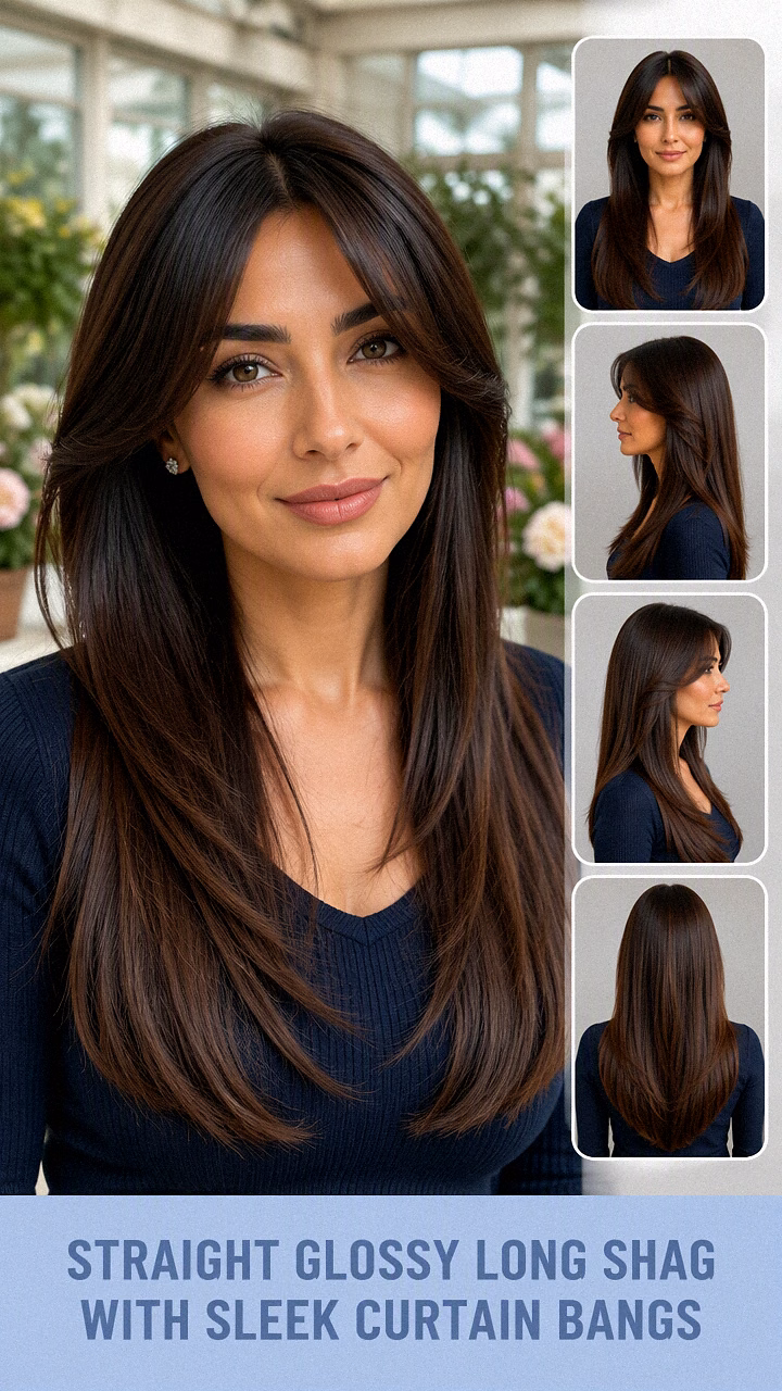 Straight Glossy Long Shag With Sleek Curtain Bangs
