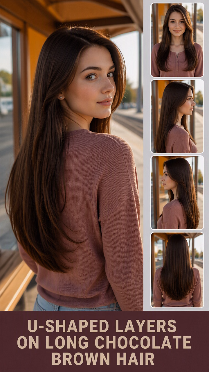 U-Shaped Layers On Long Chocolate Brown Hair