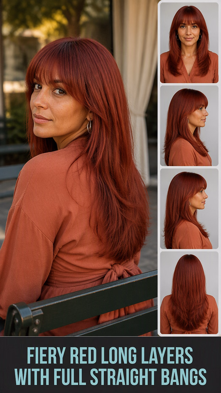 Fiery Red Long Layers With Full Straight Bangs