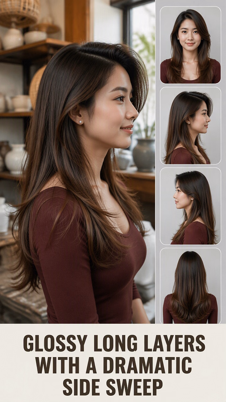 Glossy Long Layers With A Dramatic Side Sweep