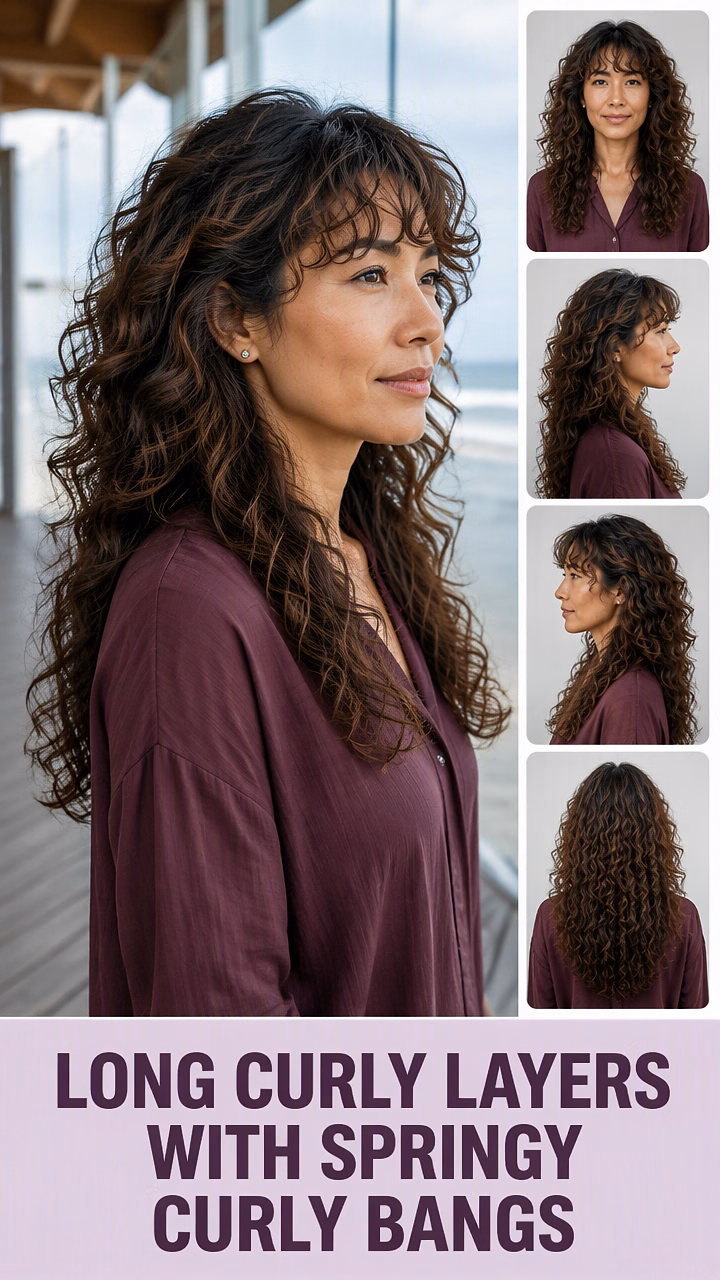Long Curly Layers With Springy Curly Bangs