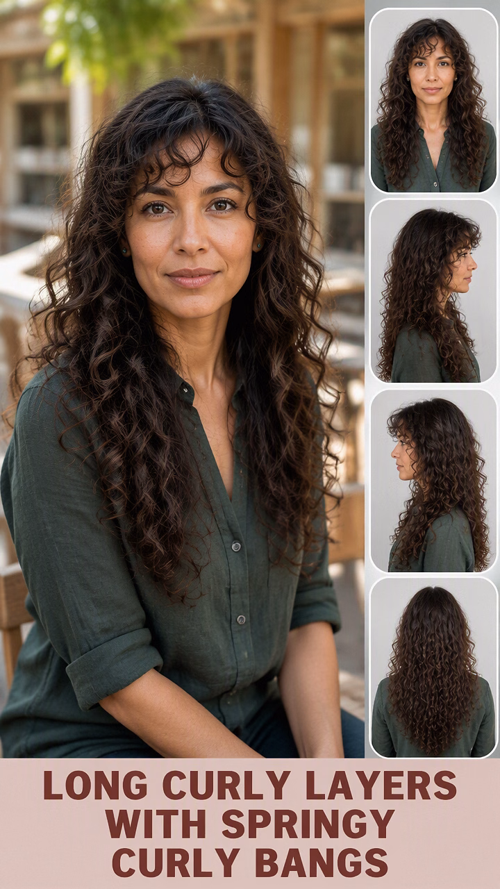 Long Curly Layers With Springy Curly Bangs