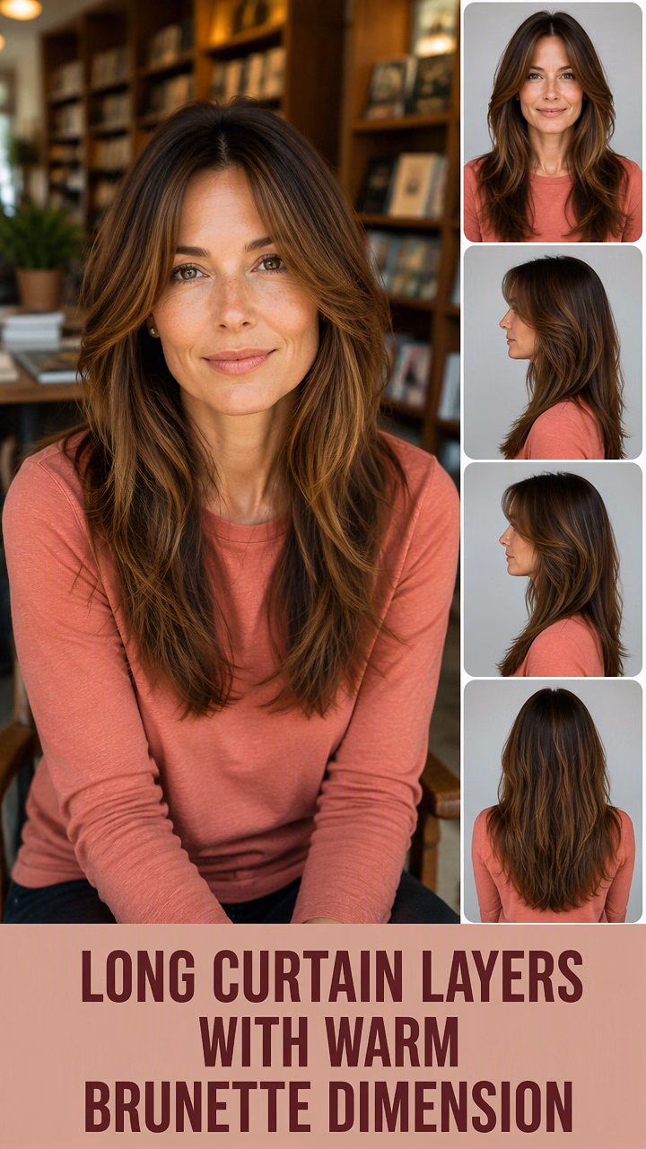 Long Curtain Layers With Warm Brunette Dimension