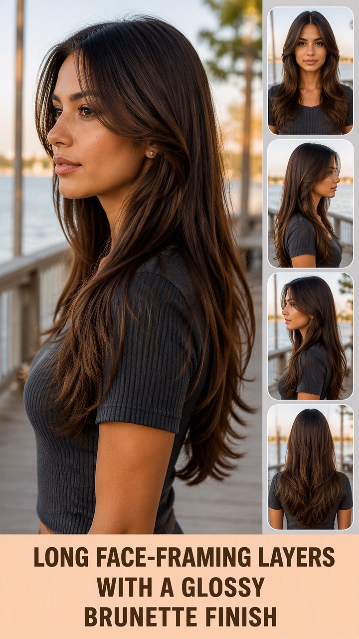Long Face-Framing Layers With A Glossy Brunette Finish