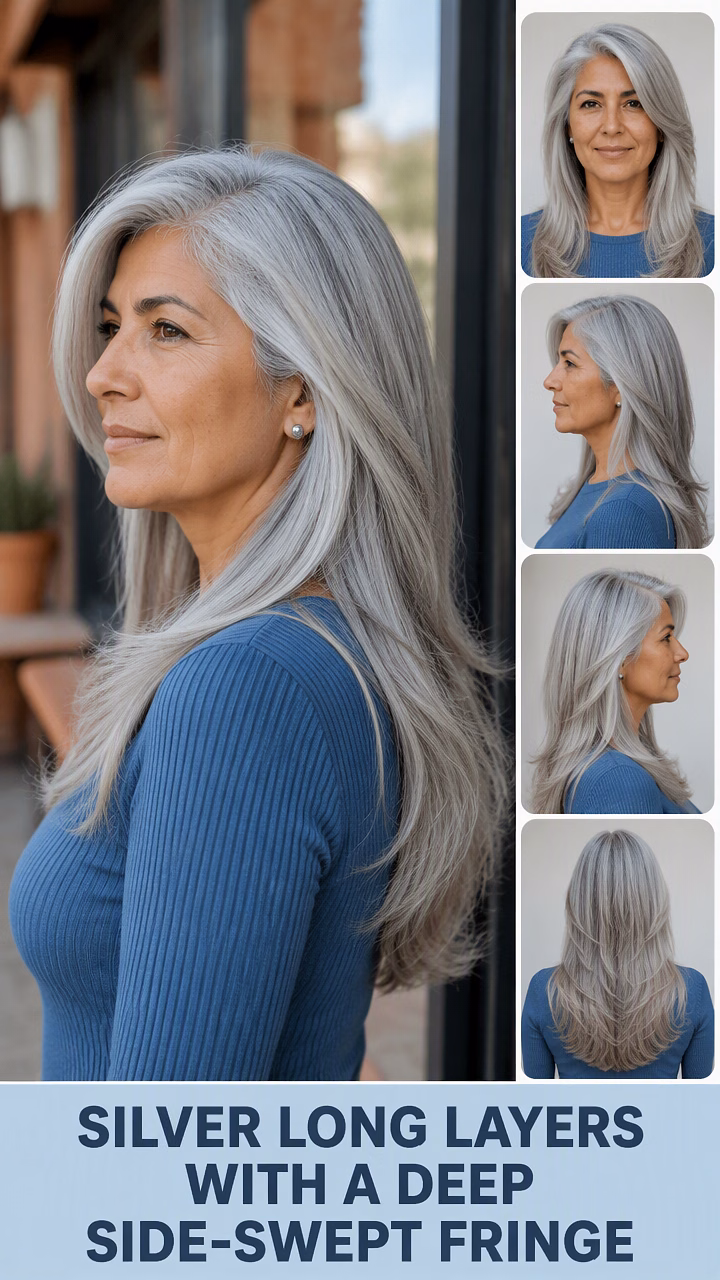 Silver Long Layers With A Deep Side-Swept Fringe
