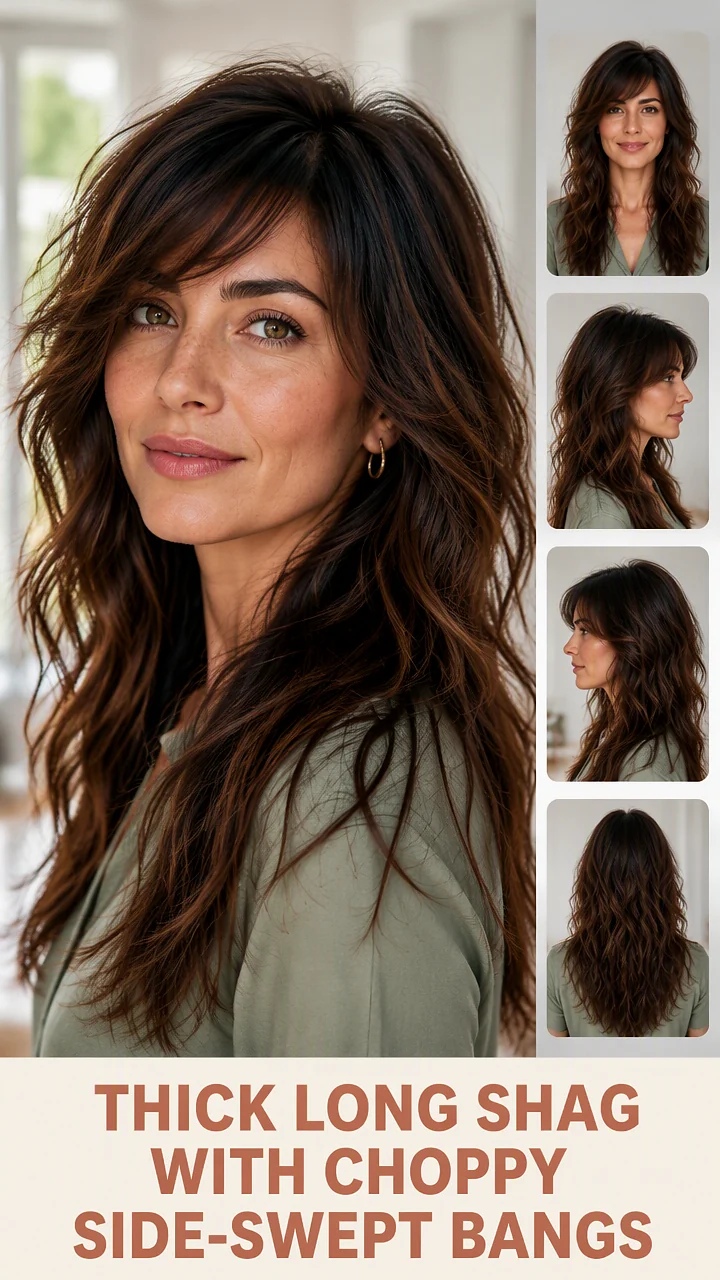 Thick Long Shag With Choppy Side-Swept Bangs