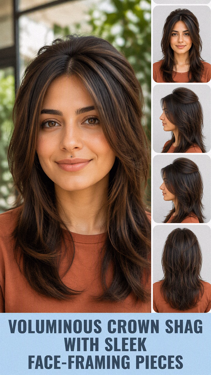 Voluminous Crown Shag With Sleek Face-Framing Pieces