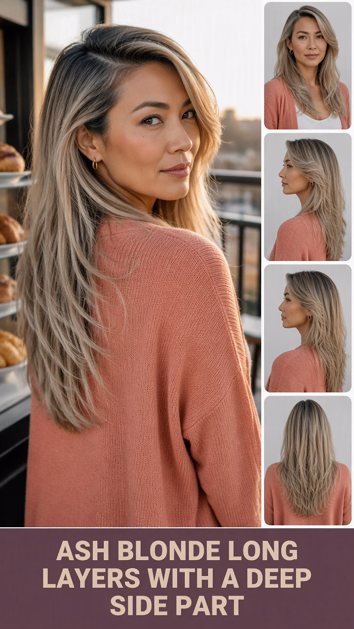 Ash Blonde Long Layers With A Deep Side Part