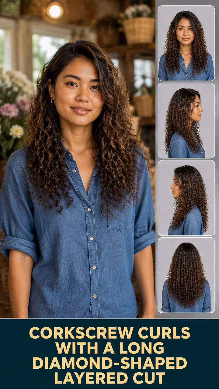Corkscrew Curls With A Long Diamond-Shaped Layered Cut