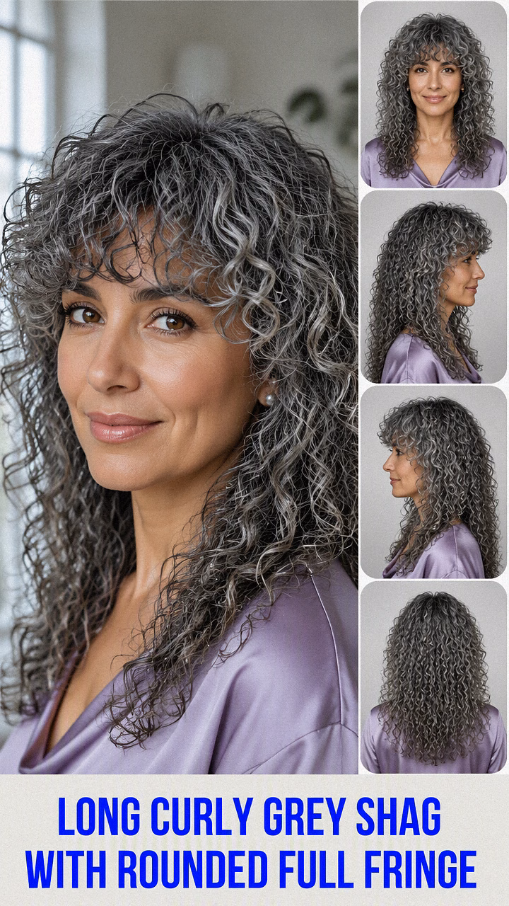 Long Curly Grey Shag With Rounded Full Fringe