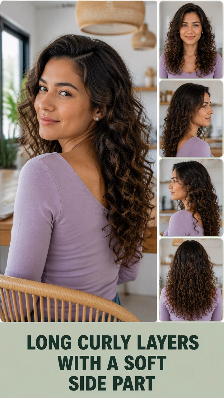 Long Curly Layers With A Soft Side Part