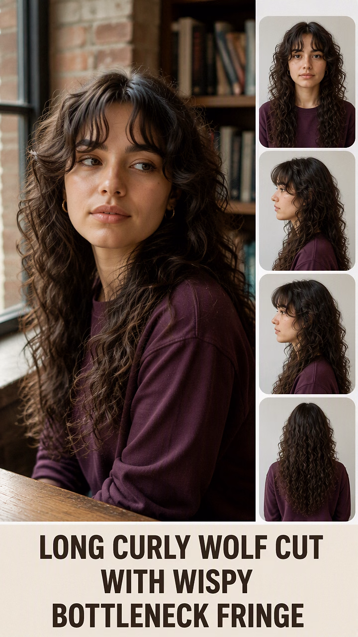 Long Curly Wolf Cut With Wispy Bottleneck Fringe
