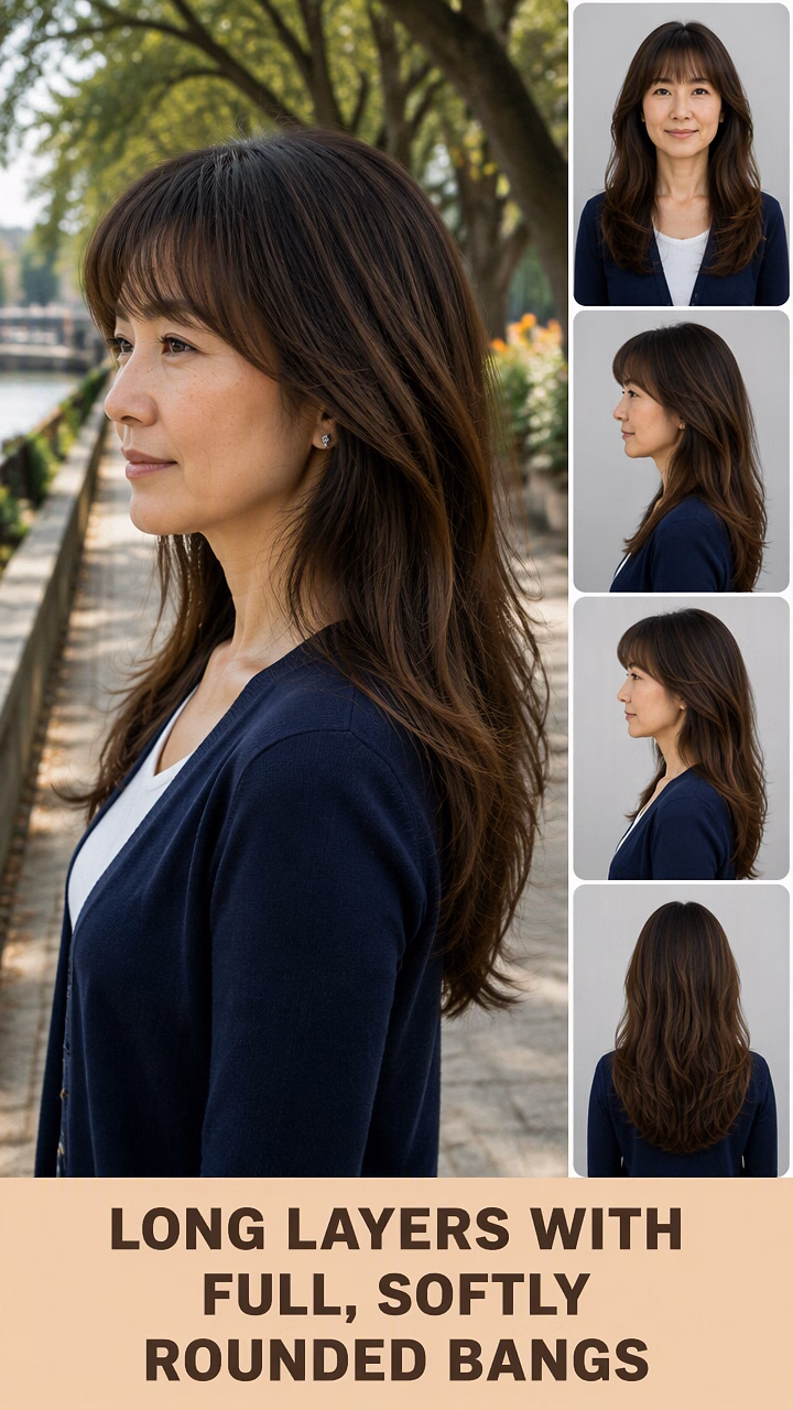 Long Layers With Full, Softly Rounded Bangs