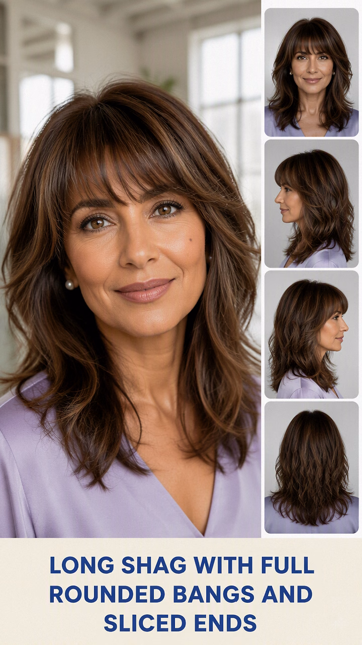 Long Shag With Full Rounded Bangs And Sliced Ends