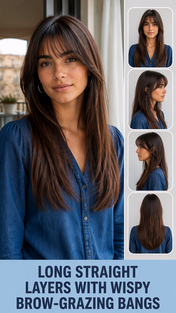 Long Straight Layers With Wispy Brow-Grazing Bangs
