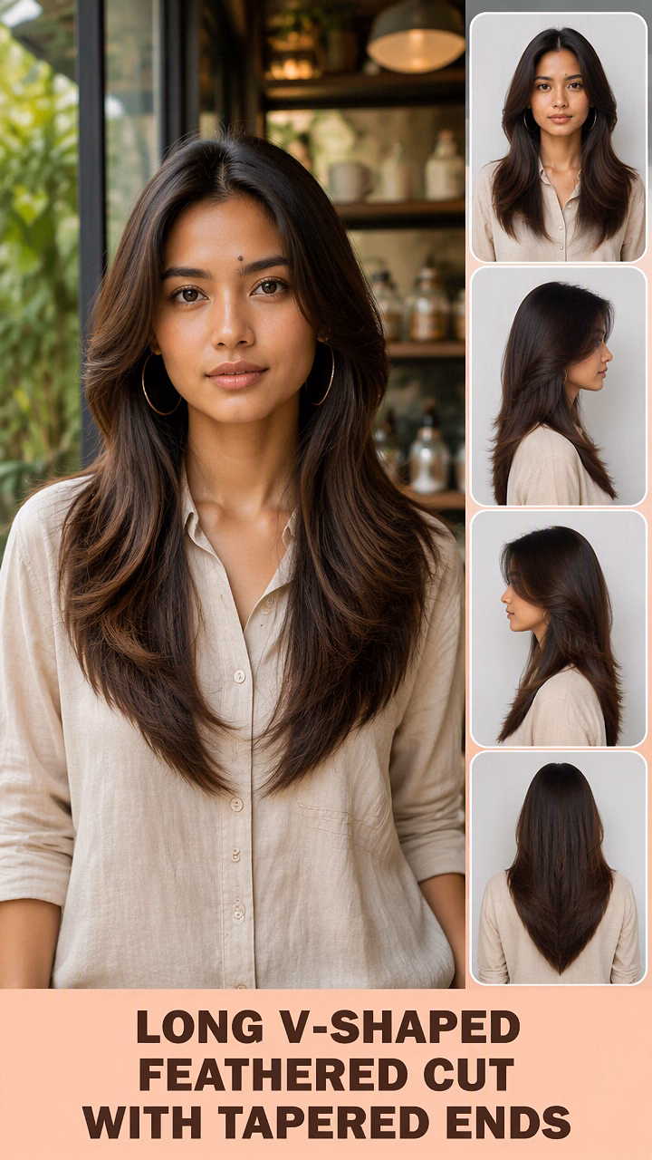 Long V-Shaped Feathered Cut With Tapered Ends