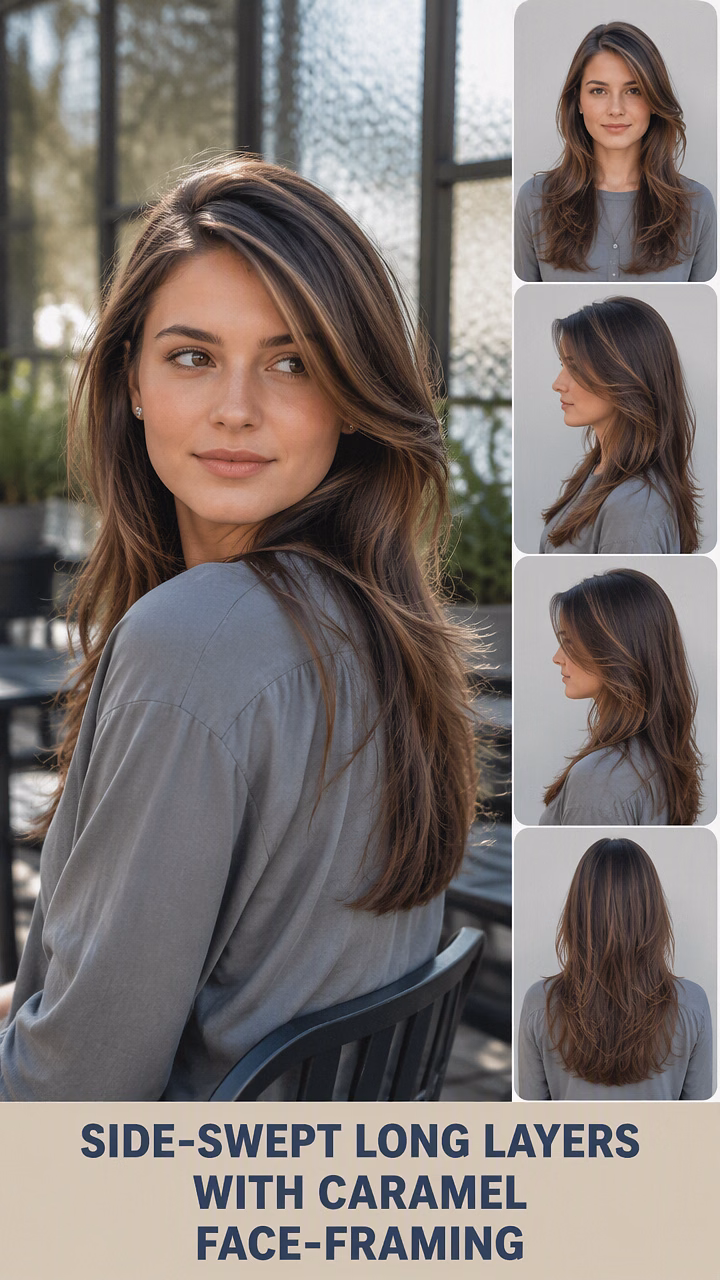 Side-Swept Long Layers With Caramel Face-Framing