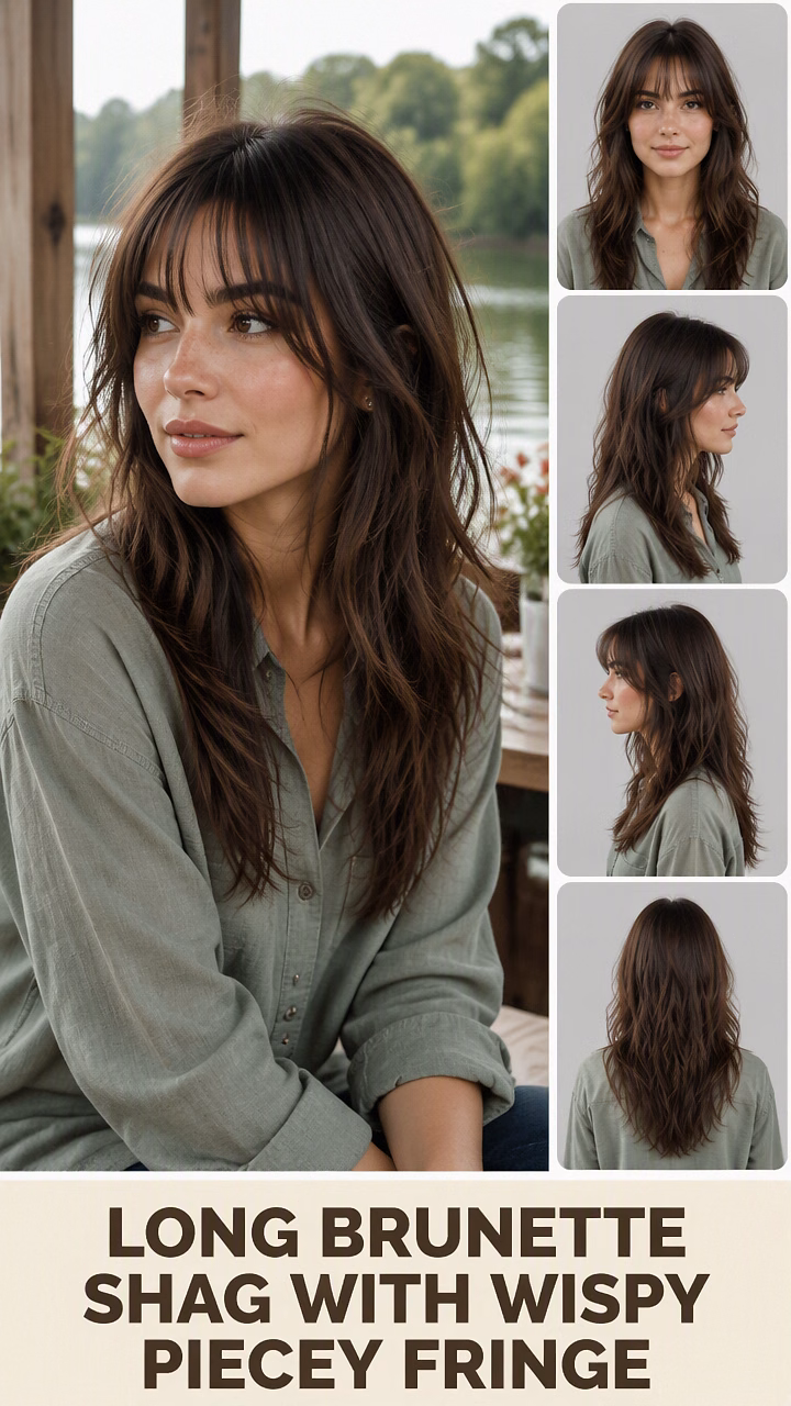 Long Brunette Shag With Wispy Piecey Fringe