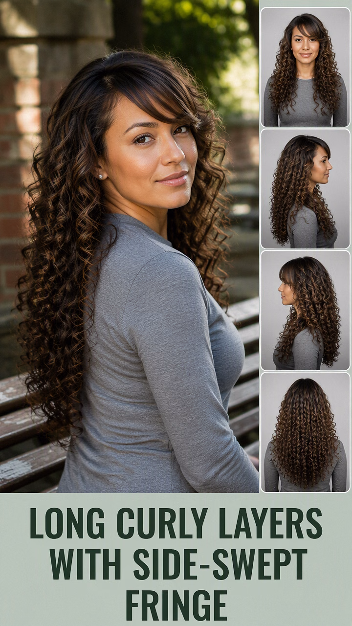Long Curly Layers With Side-Swept Fringe