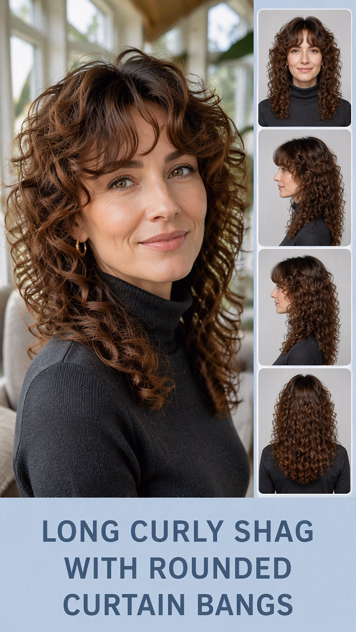 Long Curly Shag With Rounded Curtain Bangs