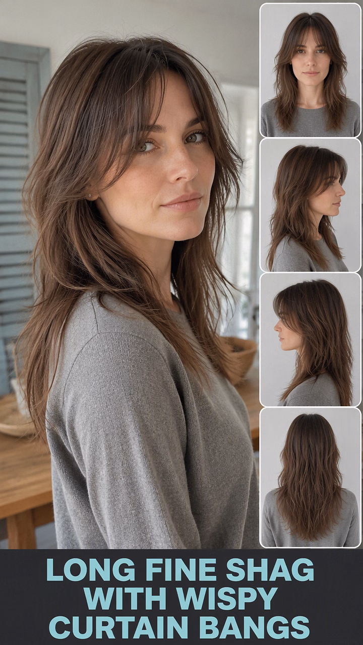 Long Fine Shag With Wispy Curtain Bangs