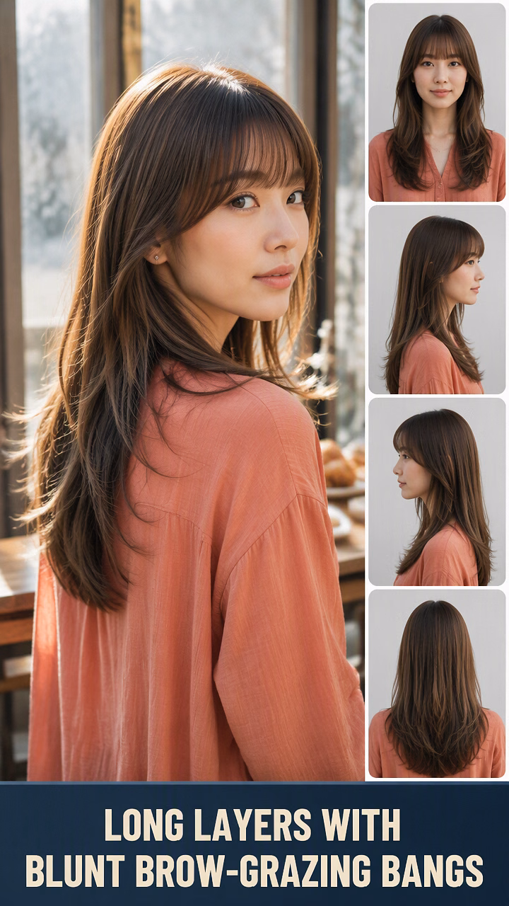 Long Layers With Blunt Brow-Grazing Bangs