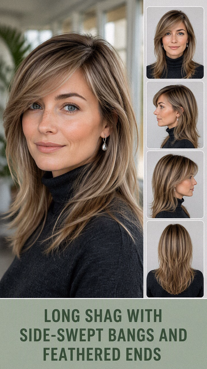 Long Shag With Side-Swept Bangs And Feathered Ends
