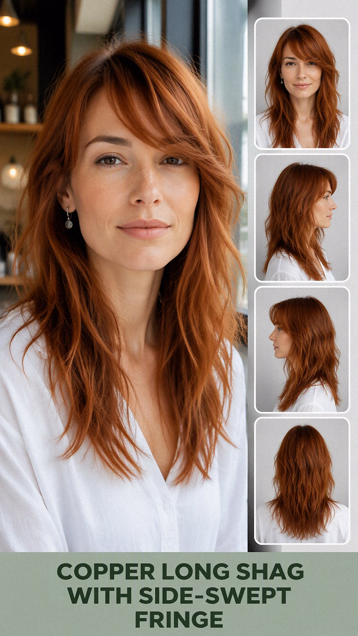 Copper Long Shag With Side-Swept Fringe
